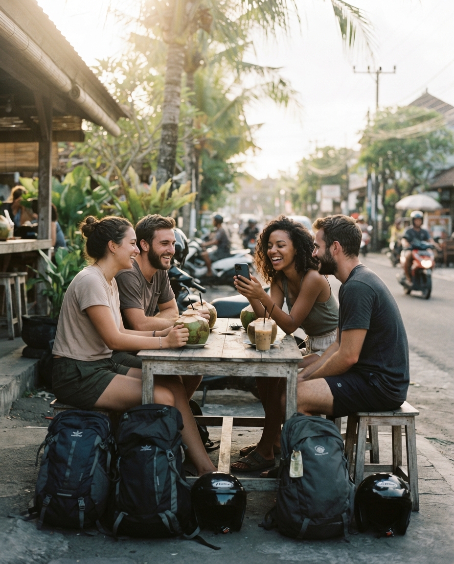 Solo travelers meeting over drinks at an outdoor warung in Canggu, Bali